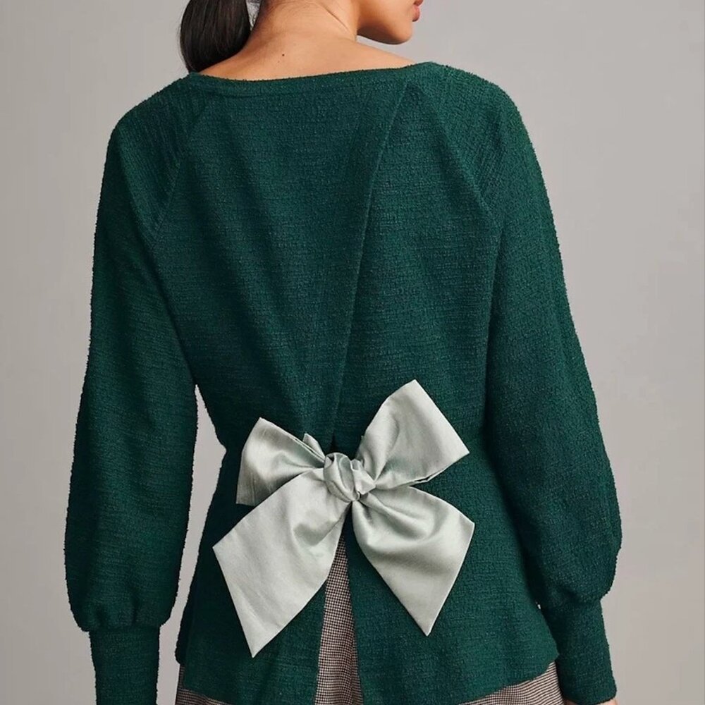 Anthropologie Holly Green Bow Open Back Bow Tie Holiday Sweater Top Womens Small